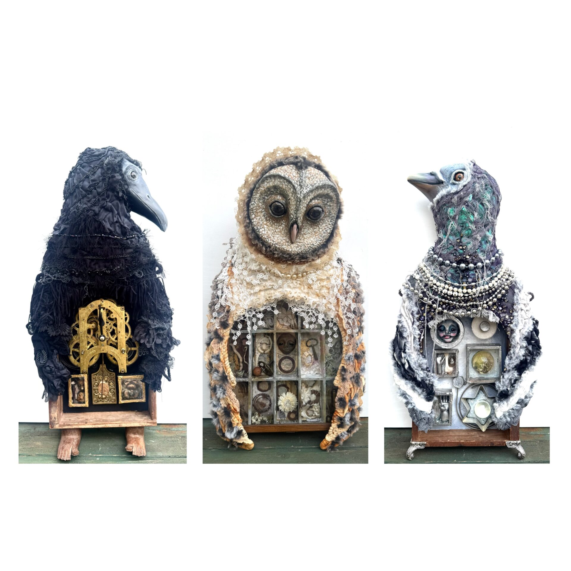 Messengers between shadow and light…

The bird triptych is finally complete: Tenebris the Crow, Athanor the Owl, and Alba the Pigeon. 🖤🤎🤍

Inspired by Jungian psychology and ideas around inner alchemy, these three pieces reflect the cycles of transformation we move through again and again, darkness, revelation, release, and renewal.

Birds often appear in my dreams and I think of these visitors as messengers between the conscious and unconscious 🐦‍⬛🦉🕊️

Big thank you to @greenmanwhispers who inspired me to make these after taking part in an amazing matchbox treasure workshop 🙌
.
.
.
.
.
#flotsam_fables #flotsam_fables_art #birdart #jungartists