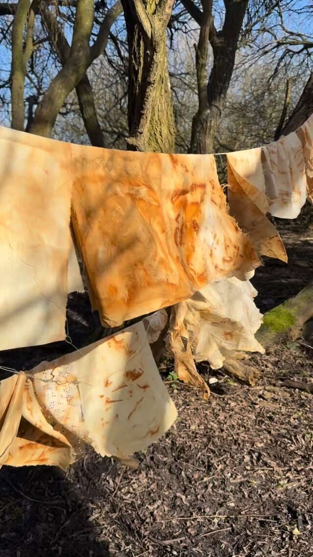 Here are the results from my last lot of rust dying and I’m so happy with how these look! I am planning to use some of them to make a barn owl wall piece, part of a triptych. @alisonbaileysmith can you spot one of the dolls dresses from your childhood? 
.
.
.
.
.
#flotsam_fables #rust #wip